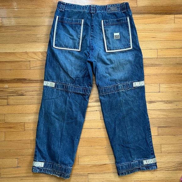 VTG Girbaud Shuttle Tape Straps Jeans Spellout Y2K 90s Silver Baggy Loose Wide - Picture 2 of 12